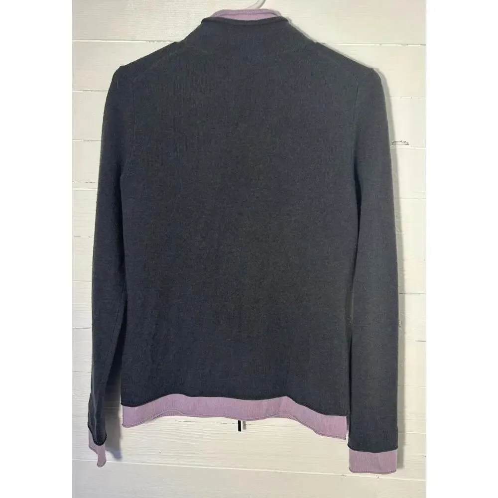 Magaschoni cashmere zip up sweater, gray/light purple, women’s size small.